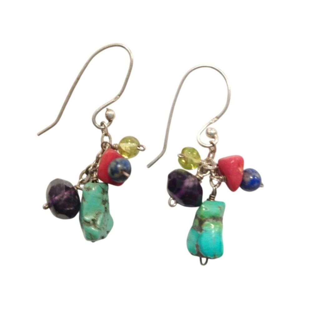 925 Sterling Silver Dangle Drop Earrings Multi Gemstone Beads Turquoise Hook